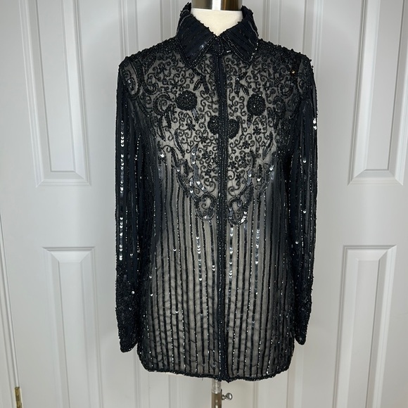 JKara Black Beaded Sequin Button Down Blouse - Picture 1 of 15